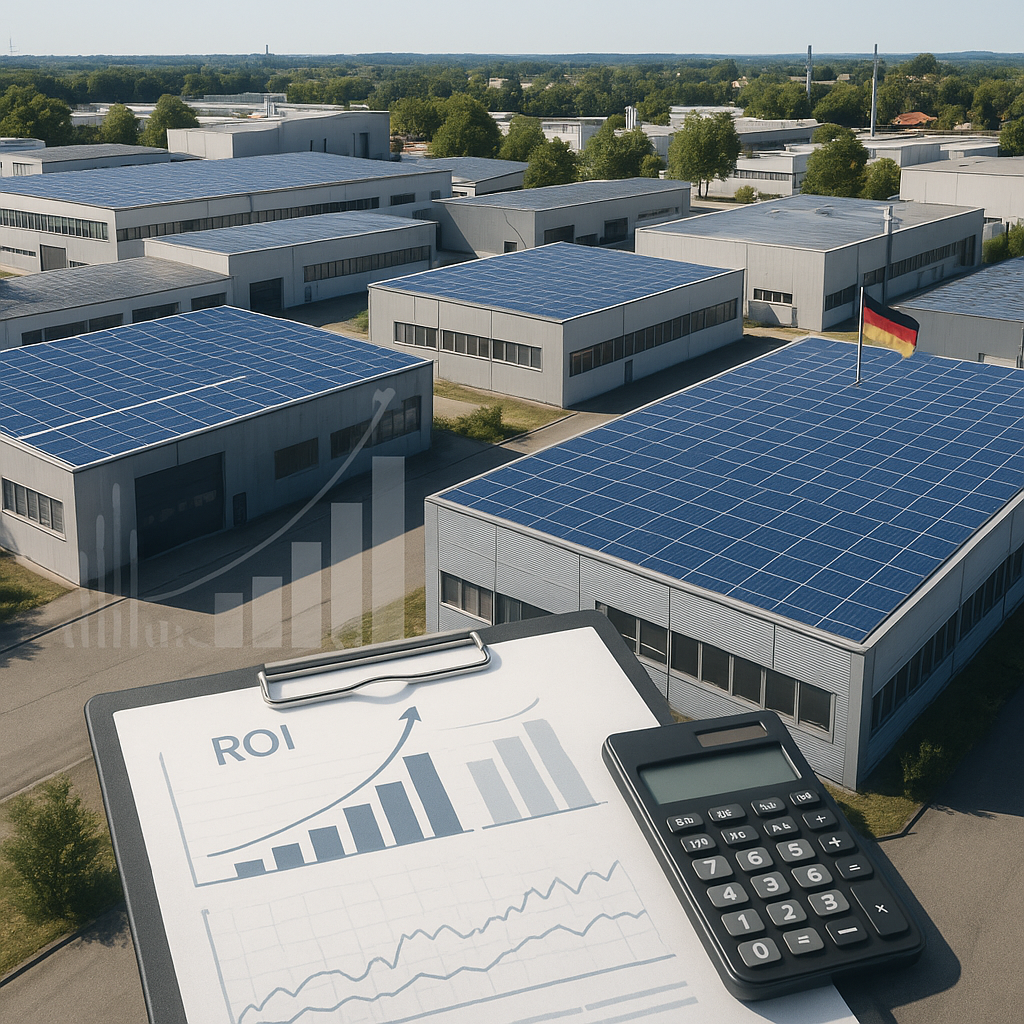 A highresolution photorealistic aerial view of a German industrial site with multiple flatroof factory buildings covered in blue photovoltaic panels u