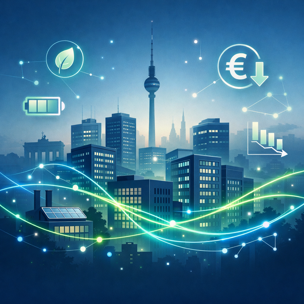 A modern symbolic illustration representing energy monitoring and cost reduction in practice Abstract glowing energy flow lines connecting buildings i