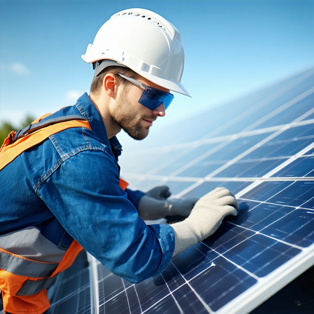 A professional electrician male or female wearing practical work clothing and safety gear confidently performing maintenance or installation tasks on renewable energy systems specifically targeting commercial clients Background showing solar arrays e-1