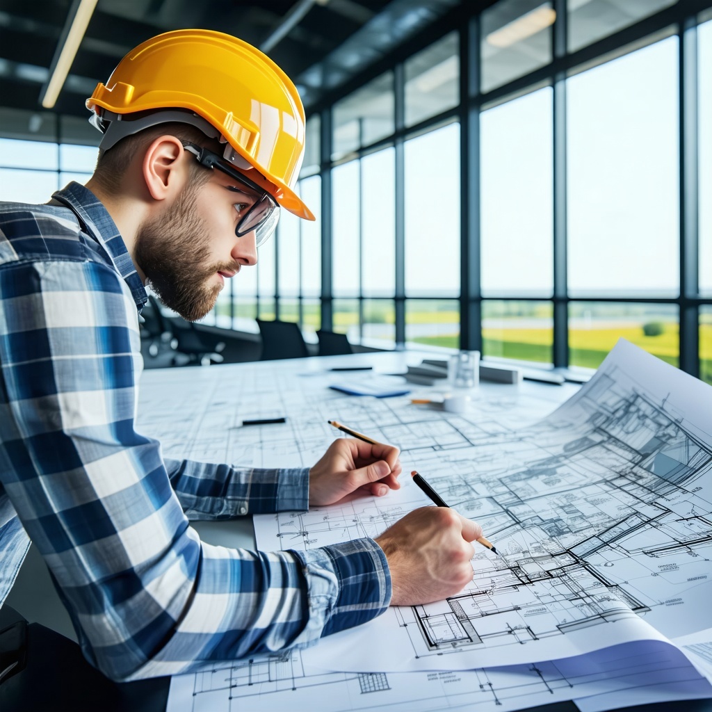 A professional project engineer male or female confidently working with technical blueprints or digital project plans in an office or onsite environment focused on renewable energy solutions Background includes solar installations energy storage syst