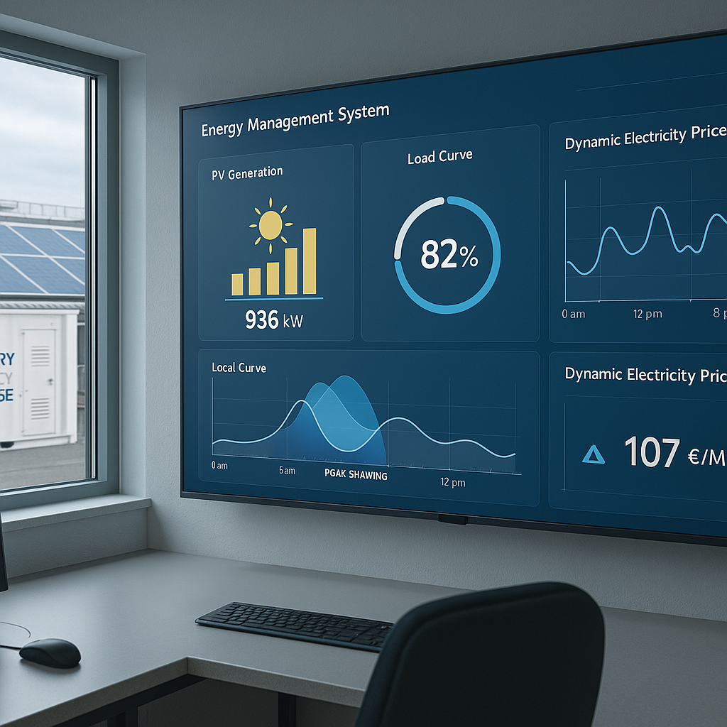 A realistic photoillustration of a German industrial facility control room showing an energy management system dashboard on large screens live PV gene