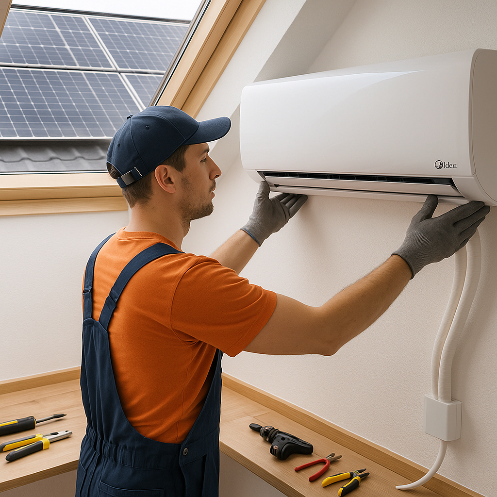 Installer mounting a sleek white Midea split AC indoor unit on the wall of a German singlefamily home while photovoltaic panels on the roof are visibl