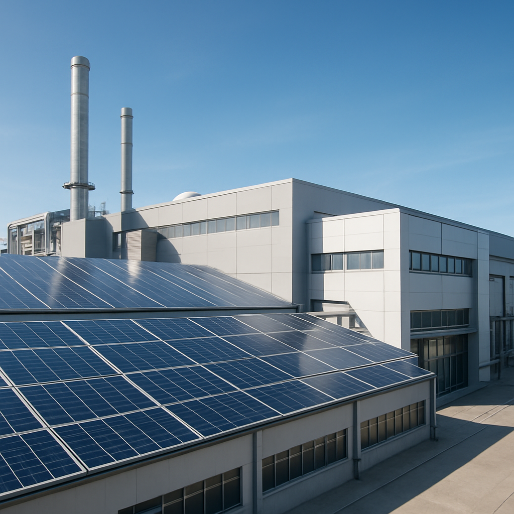 Modern industrial factory in daylight large factory building with solar panels on the roof clean architecture renewable energy blue sky realistic high-1